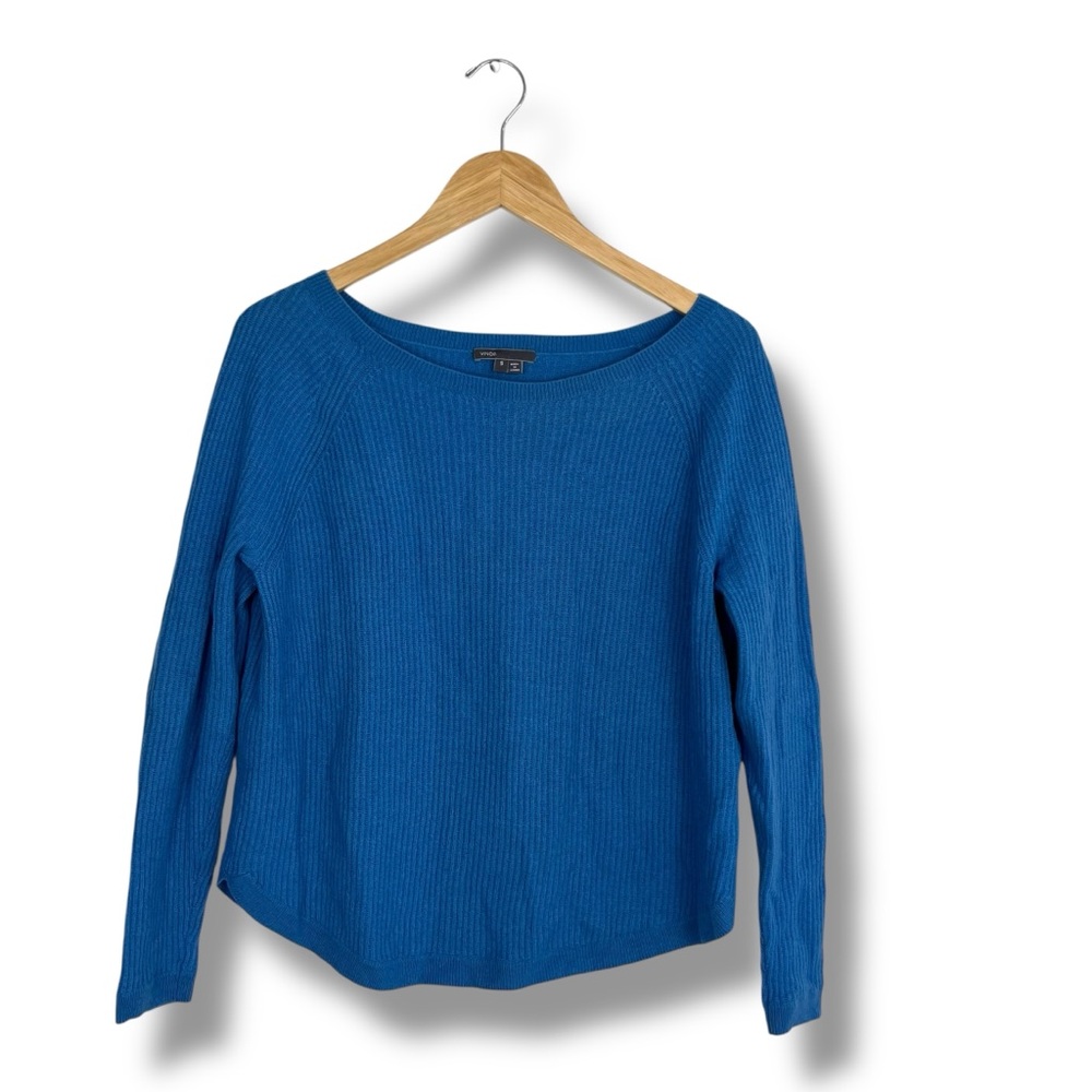 Vince. Cashmere Wool Blend Waffle Knit Sweater Blue Small Boatneck Quiet Luxury